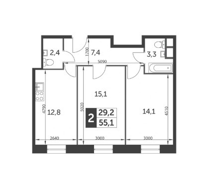 Двухкомнатная квартира 55.1 м²