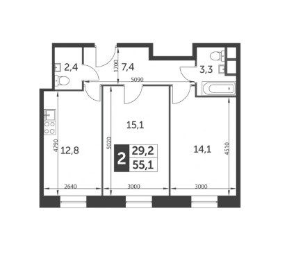 Двухкомнатная квартира 55.1 м²