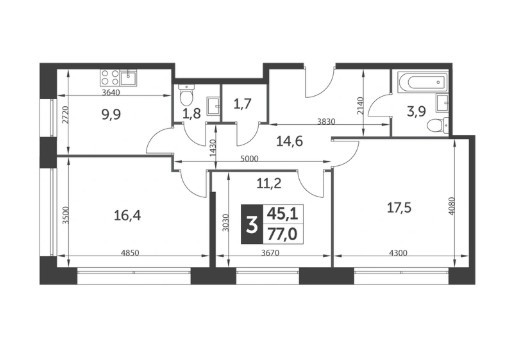 Трёхкомнатная квартира 77 м²