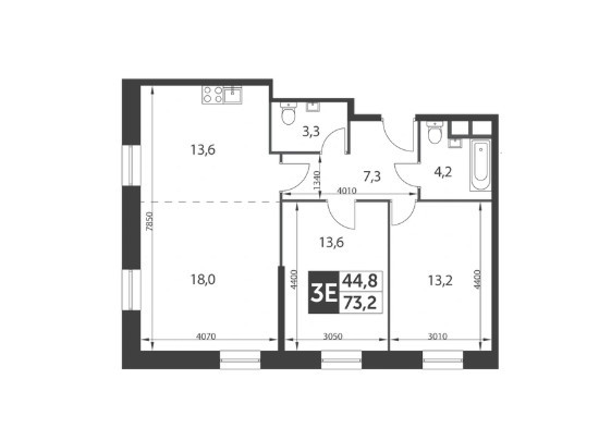 Трёхкомнатная квартира 73.2 м²