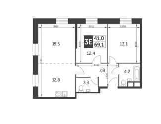 Трёхкомнатная квартира 69.1 м²