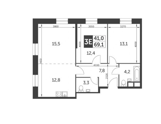 Трёхкомнатная квартира 69.1 м²