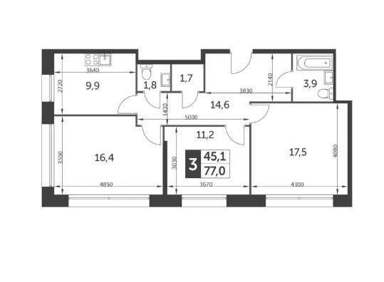 Трёхкомнатная квартира 77 м²