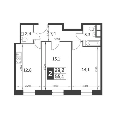 Двухкомнатная квартира 55.1 м²