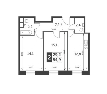 Двухкомнатная квартира 54.9 м²