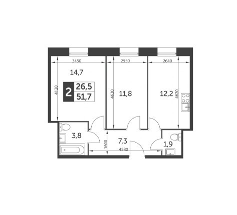 Двухкомнатная квартира 51.7 м²