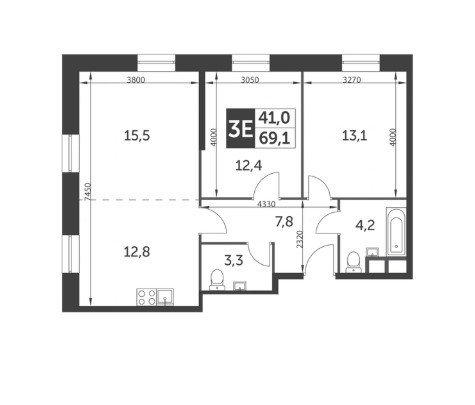 Трёхкомнатная квартира 69.1 м²