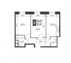Двухкомнатная квартира 51.9 м²