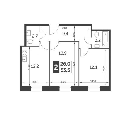 Двухкомнатная квартира 53.5 м²