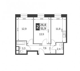 Двухкомнатная квартира 51.9 м²