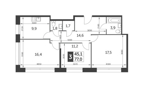 Трёхкомнатная квартира 77 м²