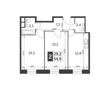 Двухкомнатная квартира 54.9 м²