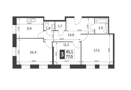 Трёхкомнатная квартира 77 м²